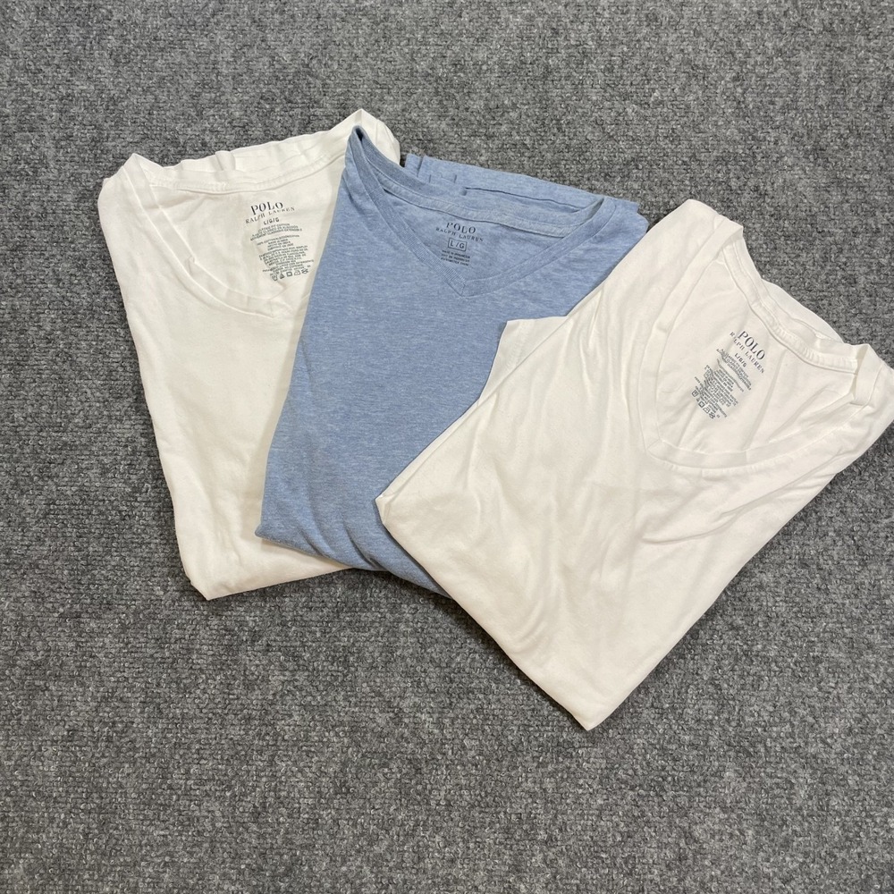 Polo Ralph Lauren T Shirts LOT OF 3 Men's Large White Blue V Neck Tee Cotton